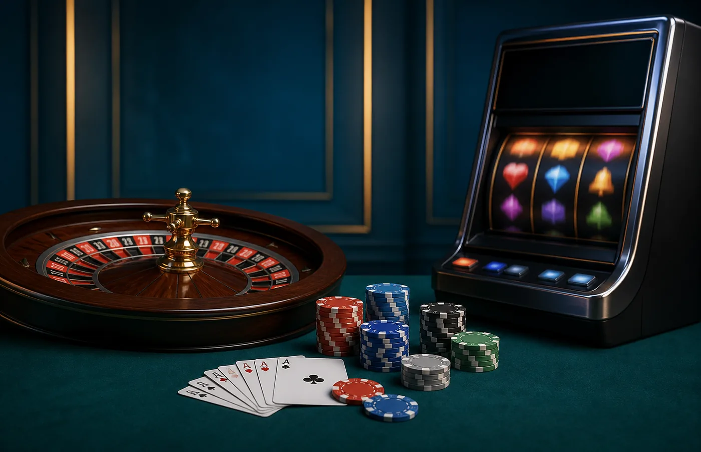 Meja poker, roda roulette, dan mesin slot sebagai perbandingan permainan