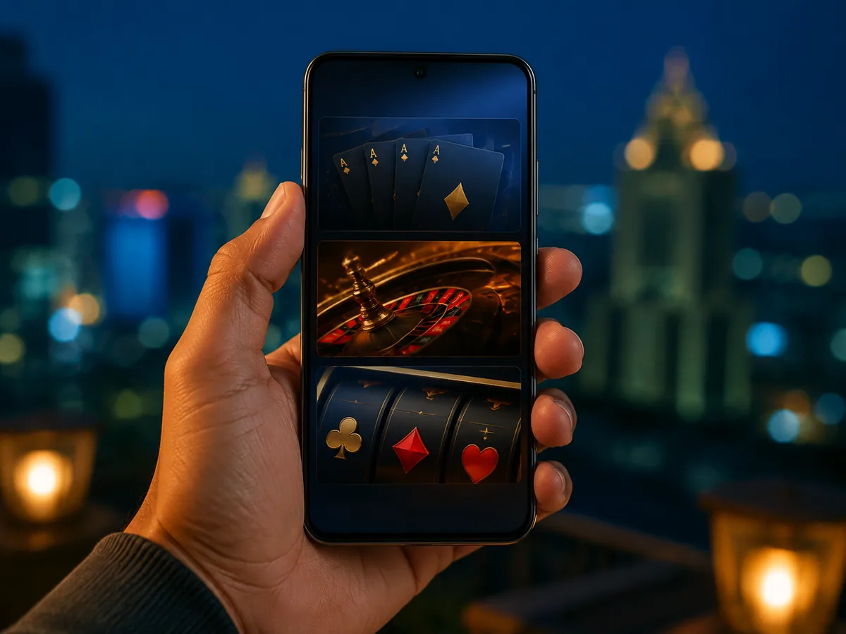Ponsel Android generik dengan ilustrasi lobi kasino tanpa merek